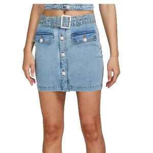 Generation Love REVOLVE Alexina Rhinestone Belted Blue Denim Mini Skirt 32 NWT